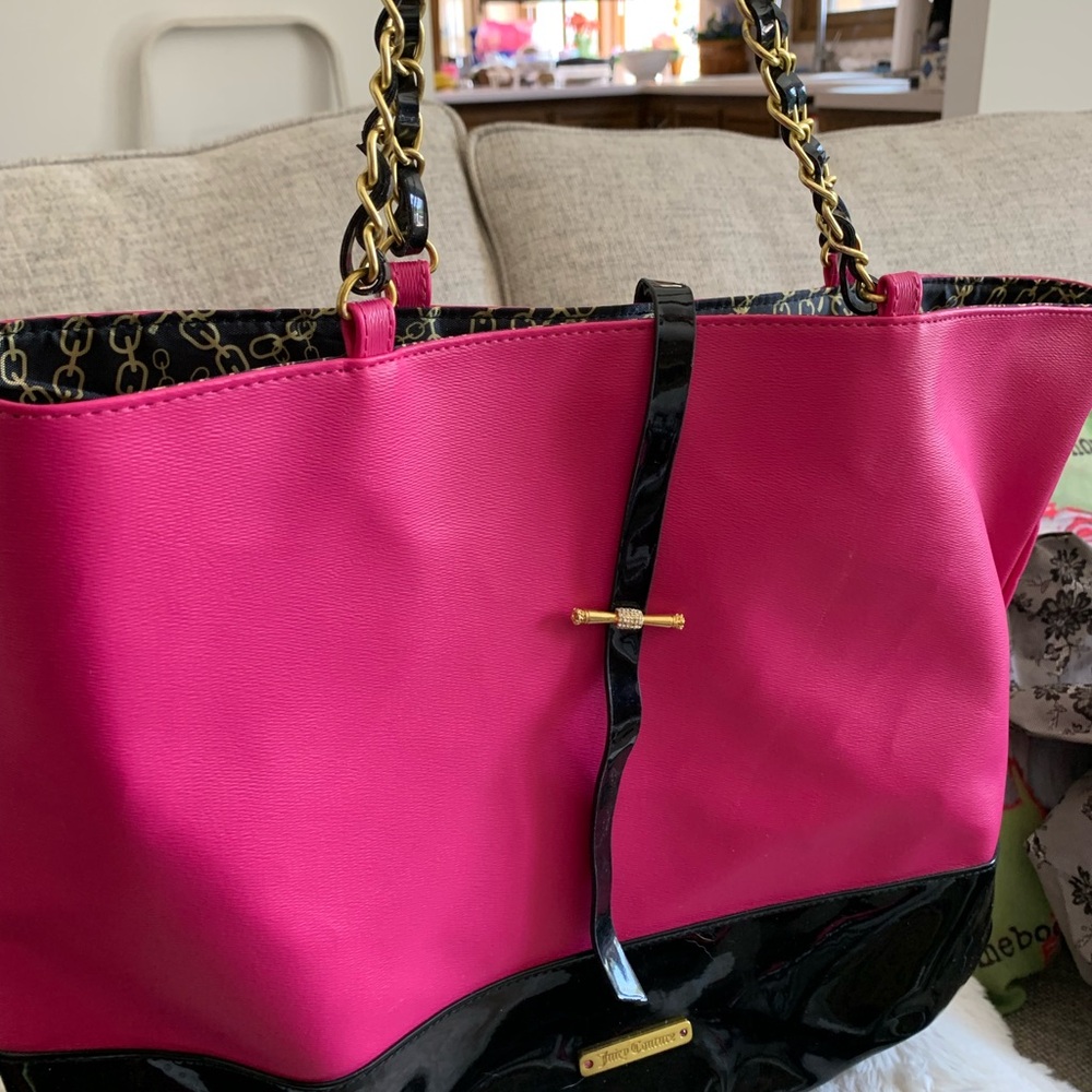 Juicy Couture Pink/black tote bag gold/black chain handles, rhinestone clasp
